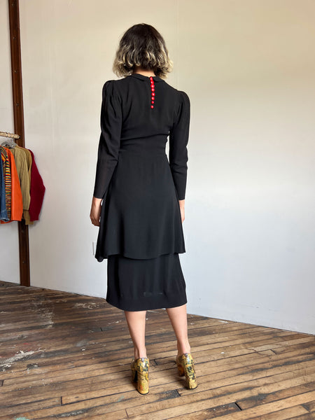 Vintage 1930's Black Soutache Dress with Heart and Key Detail