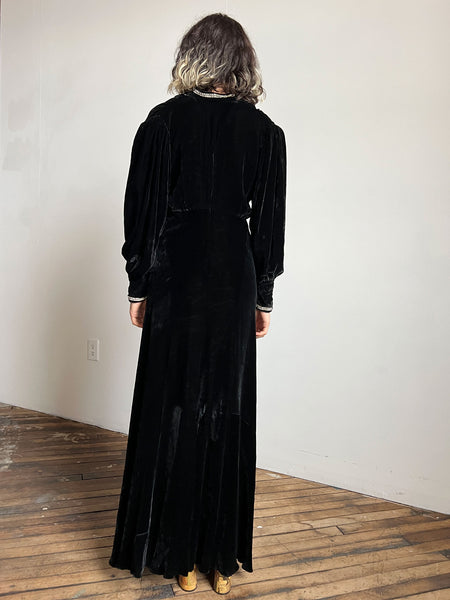 Vintage 1930's Black Silk Velvet Gown with Rhinestone Trim