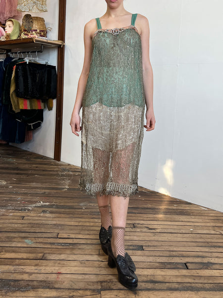 Vintage 1920's Metallic Flapper Dress with Beadwork