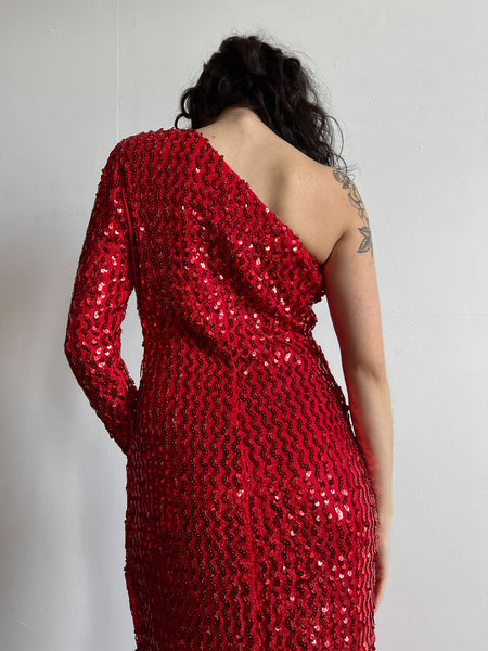 Vintage 1970's - Early 1980's Red One Shoulder Cocktail Dress, Sequined, by Climax