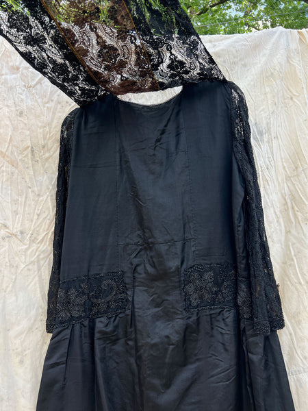 Antique 1910’s 1920’s Black Silk Lace Beaded Spiderweb Dress Edwardian Era