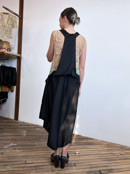 Antique 1920's Silk Dress with Floral Beadwork and Netting
