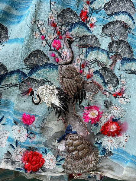 Vintage 1930's - 40's Embroidered Flying Cranes Floor Length Gown