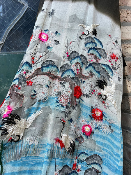 Vintage 1930's - 40's Embroidered Flying Cranes Floor Length Gown