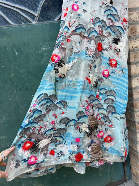 Vintage 1930's - 40's Embroidered Flying Cranes Floor Length Gown