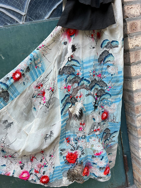 Vintage 1930's - 40's Embroidered Flying Cranes Floor Length Gown