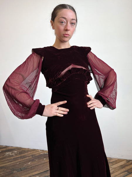 Vintage 1930's Two Piece Silk Velvet Gown Set with Mesh Sleeves
