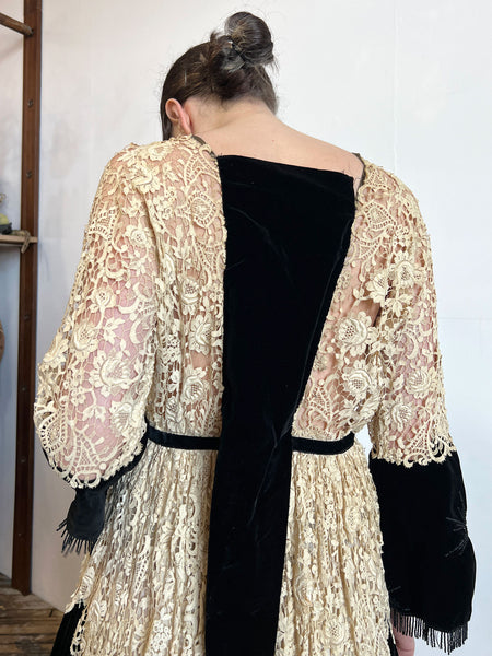 Antique Edwardian 1910's Era Floral Lace and Black Beaded Velvet Dress