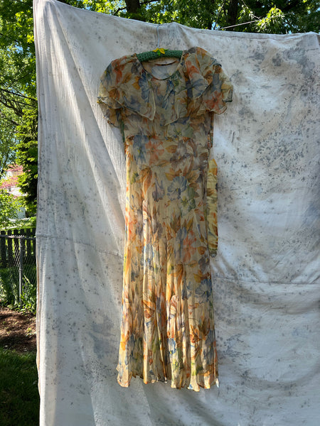 Antique - Early Vintage 1920's 30's Floral Silk Chiffon Dress