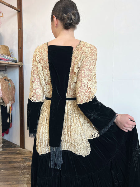 Antique Edwardian 1910's Era Floral Lace and Black Beaded Velvet Dress