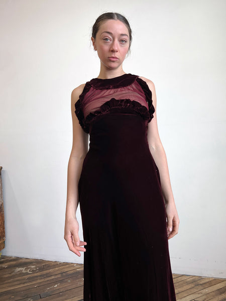 Vintage 1930's Two Piece Silk Velvet Gown Set with Mesh Sleeves
