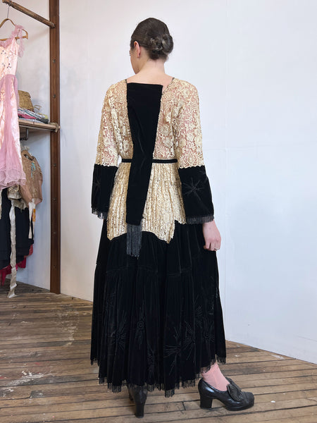 Antique Edwardian 1910's Era Floral Lace and Black Beaded Velvet Dress