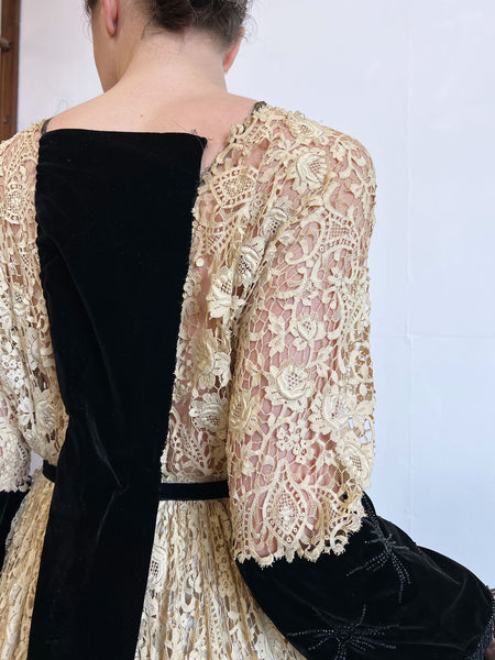 Antique Edwardian 1910's Era Floral Lace and Black Beaded Velvet Dress