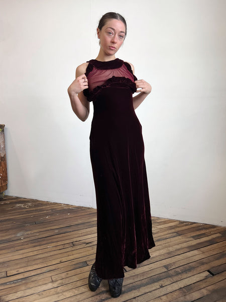 Vintage 1930's Two Piece Silk Velvet Gown Set with Mesh Sleeves