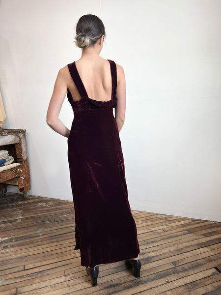 Vintage 1930's Two Piece Silk Velvet Gown Set with Mesh Sleeves