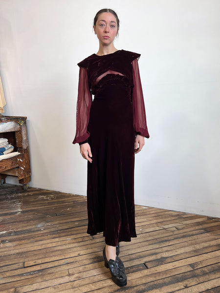 Vintage 1930's Two Piece Silk Velvet Gown Set with Mesh Sleeves