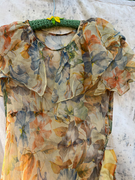 Antique - Early Vintage 1920's 30's Floral Silk Chiffon Dress
