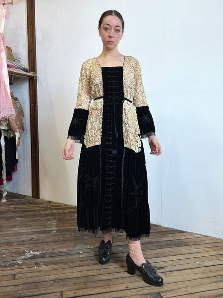 Antique Edwardian 1910's Era Floral Lace and Black Beaded Velvet Dress