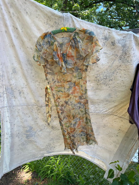Antique - Early Vintage 1920's 30's Floral Silk Chiffon Dress
