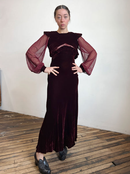 Vintage 1930's Two Piece Silk Velvet Gown Set with Mesh Sleeves
