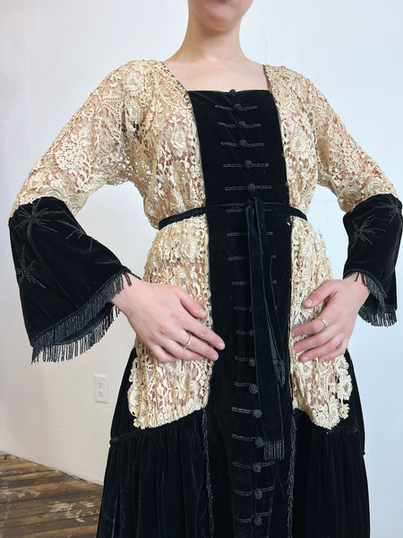 Antique Edwardian 1910's Era Floral Lace and Black Beaded Velvet Dress