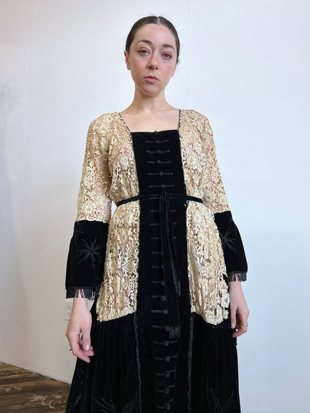 Antique Edwardian 1910's Era Floral Lace and Black Beaded Velvet Dress