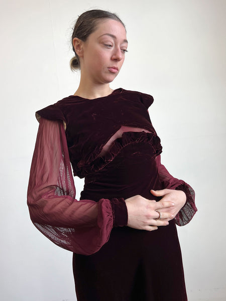 Vintage 1930's Two Piece Silk Velvet Gown Set with Mesh Sleeves