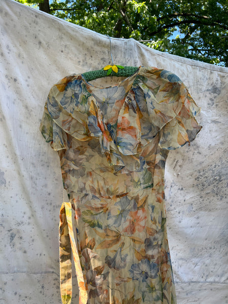 Antique - Early Vintage 1920's 30's Floral Silk Chiffon Dress