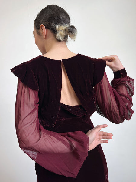 Vintage 1930's Two Piece Silk Velvet Gown Set with Mesh Sleeves