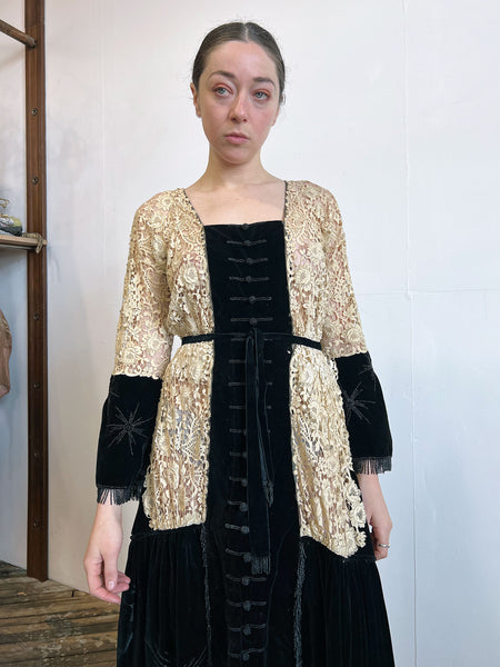 Antique Edwardian 1910's Era Floral Lace and Black Beaded Velvet Dress