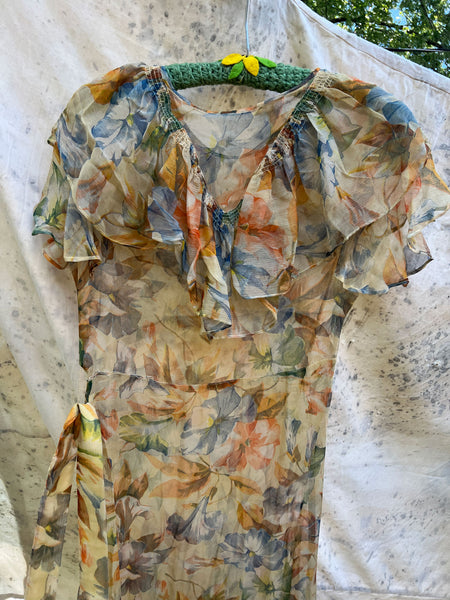 Antique - Early Vintage 1920's 30's Floral Silk Chiffon Dress