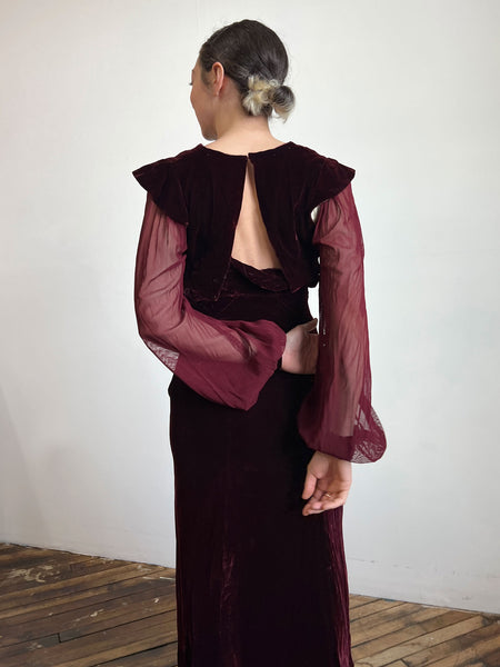 Vintage 1930's Two Piece Silk Velvet Gown Set with Mesh Sleeves