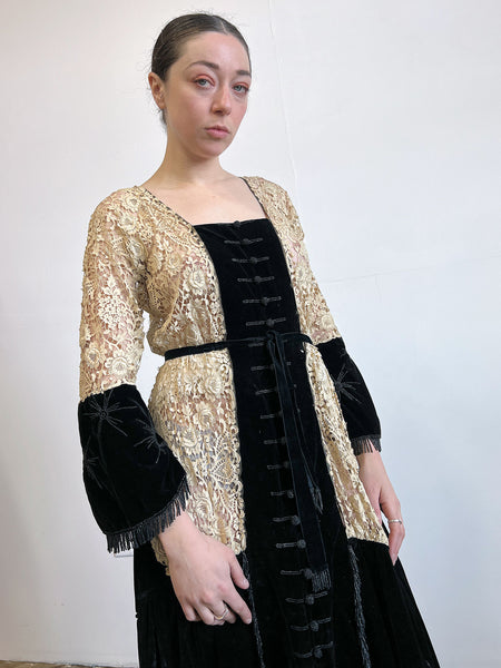 Antique Edwardian 1910's Era Floral Lace and Black Beaded Velvet Dress