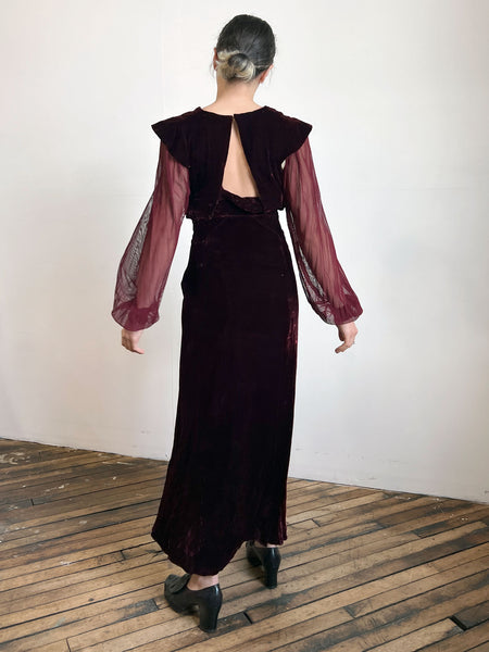 Vintage 1930's Two Piece Silk Velvet Gown Set with Mesh Sleeves