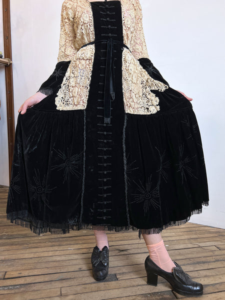 Antique Edwardian 1910's Era Floral Lace and Black Beaded Velvet Dress