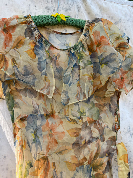 Antique - Early Vintage 1920's 30's Floral Silk Chiffon Dress