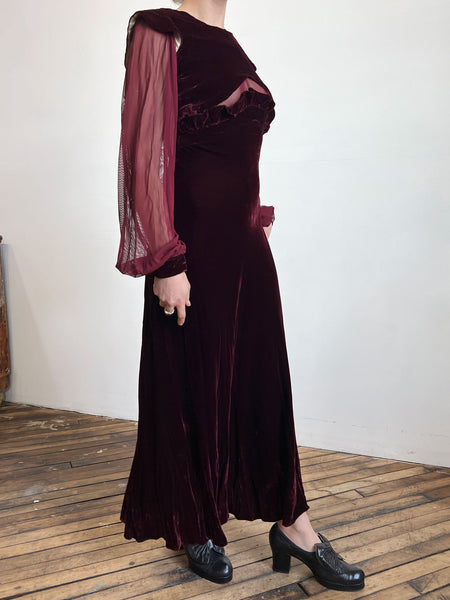 Vintage 1930's Two Piece Silk Velvet Gown Set with Mesh Sleeves