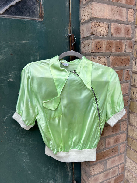 Vintage 1940's Green Metal Zipper Short Sleeve Blouse