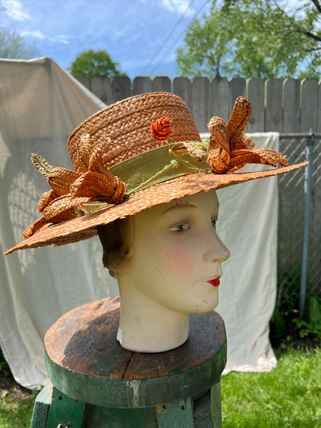 Vintage 1950's Marshall Fields Floral Straw Sun Hat