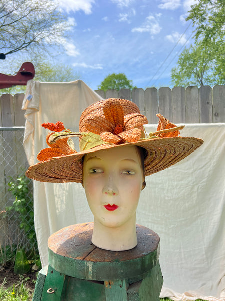 Vintage 1950's Marshall Fields Floral Straw Sun Hat