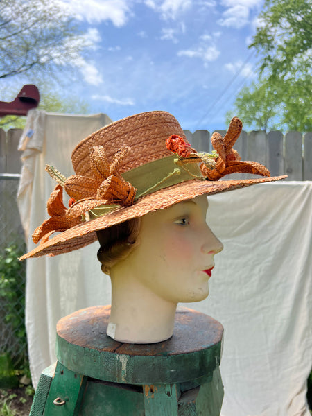 Vintage 1950's Marshall Fields Floral Straw Sun Hat