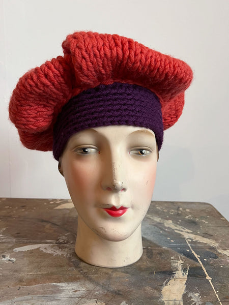 Vintage 1960's Jeanne Damon Chunky Knit Beret Hat, Women's Crochet Rare 60's