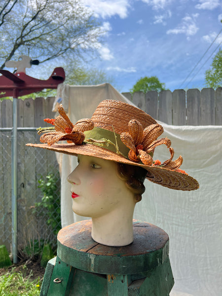 Vintage 1950's Marshall Fields Floral Straw Sun Hat