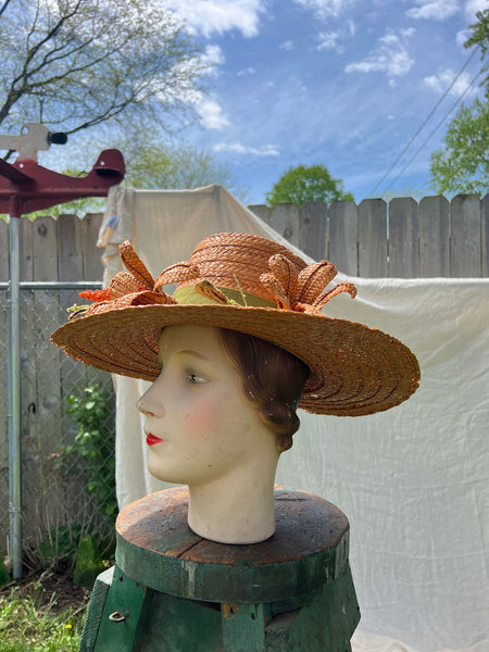 Vintage 1950's Marshall Fields Floral Straw Sun Hat