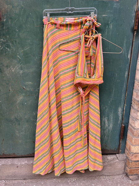 Vintage 1970's Cotton Gauze Hippie Halter Top and Wrap Skirt Set