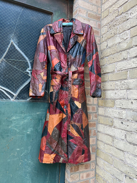Vintage 1970's Long Patchwork Leather Trench Coat