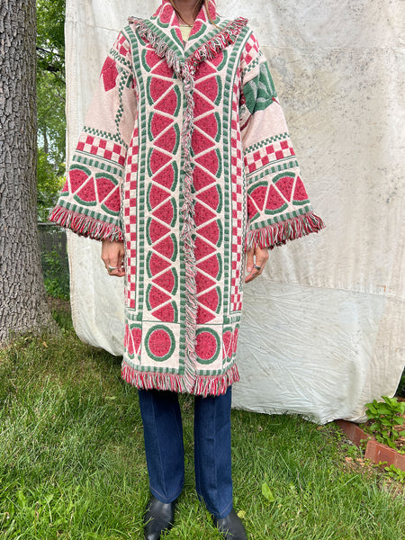Vintage 1980's Watermelon Print Blanket Coat Cotton Fringe