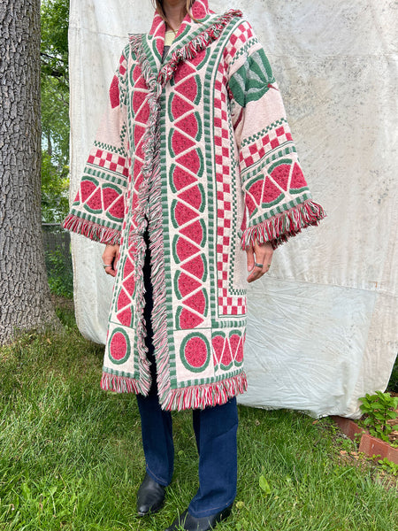Vintage 1980's Watermelon Print Blanket Coat Cotton Fringe