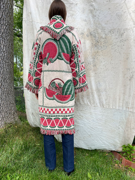 Vintage 1980's Watermelon Print Blanket Coat Cotton Fringe
