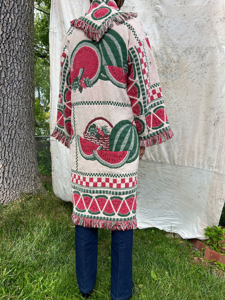 Vintage 1980's Watermelon Print Blanket Coat Cotton Fringe